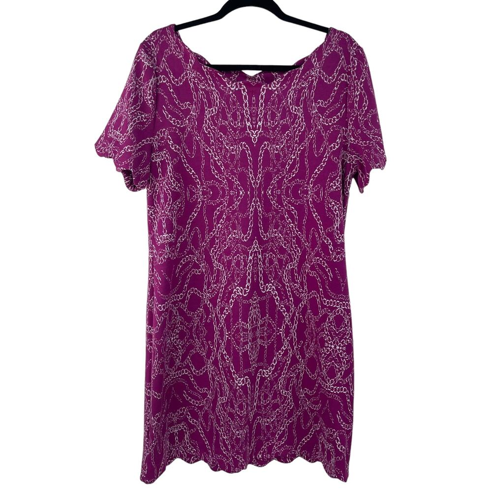 Tyler Boe Chain Print Purple Knit Scallop Trim Anna Shift Dress Womens Large - Picture 8 of 8